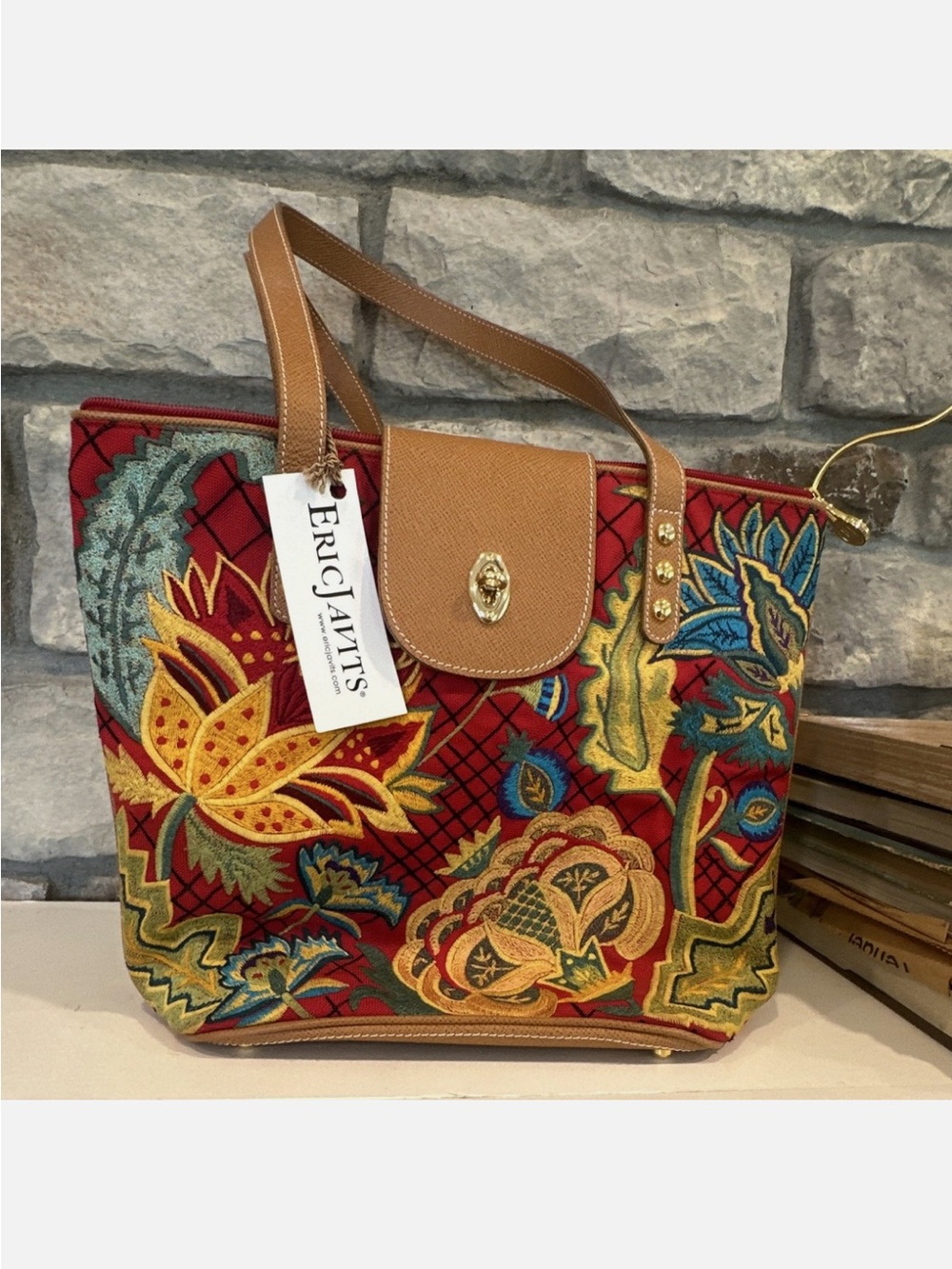 NWT $440 Eric Javits Red Floral Embroidered Tote with Tan Trim and Gold Hardware